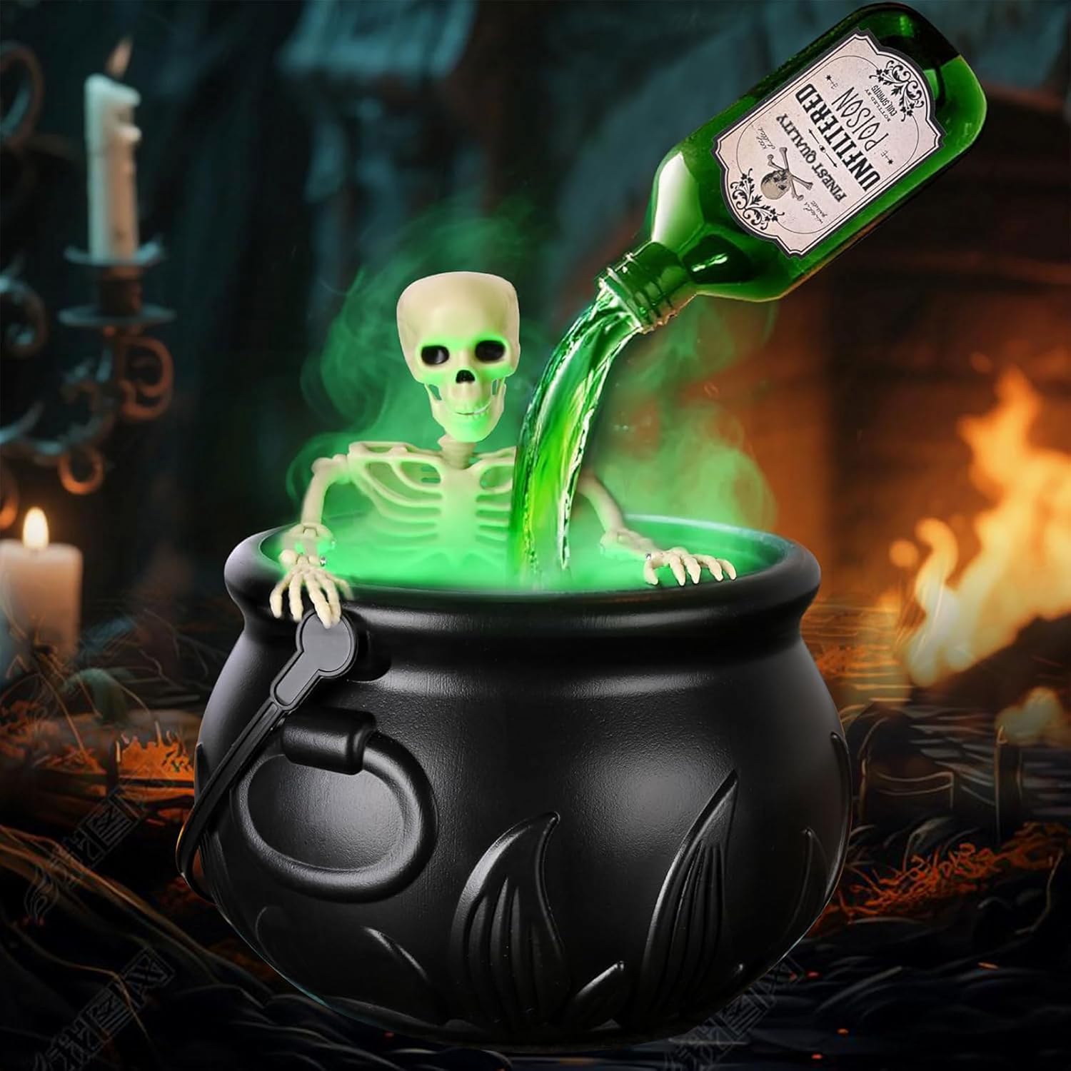 Halloween Decorations Indoor - Cauldron Halloween Decor with Magic Floating Potion Bottles Fog Diffuser Spooky Skeletons & Black Plastic Witches Bowl for Indoor Outdoor Party Kitchen Decor Black